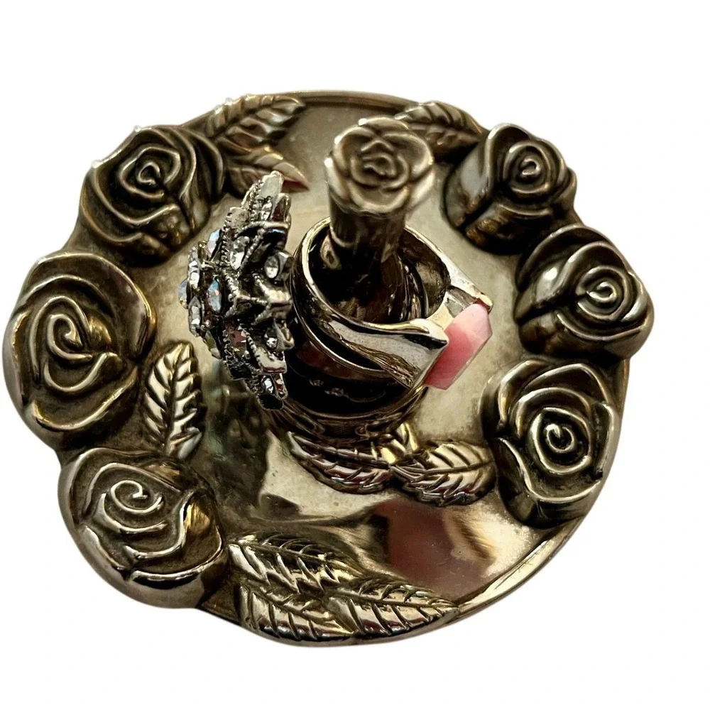 Vtg Heavy Silver Plated Rose Ring Holder Jewelry Tree Vanity Decor Floral 12oz